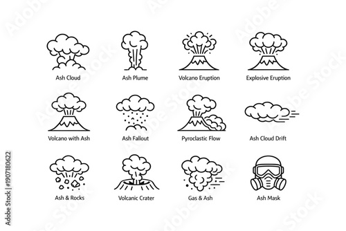 Volcanic eruption icons set including ash cloud and gas mask illustrations