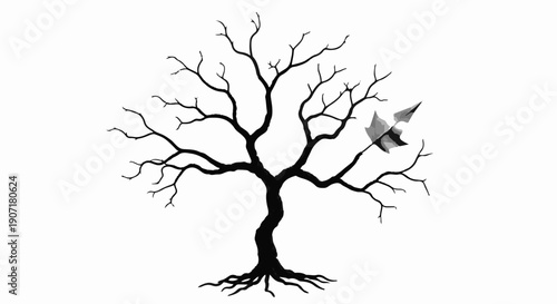 Silhouette of a bare tree with a single bird taking flight against a white background