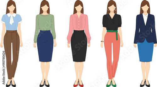 Flat vector illustration set featuring five professional women's outfits in a variety of modern business and office styles