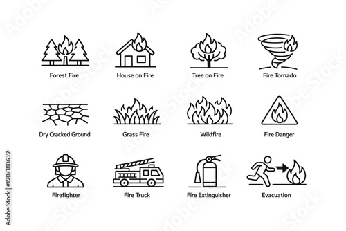 Fire safety icons: wildfire, firefighter, evacuation, fire truck, extinguisher