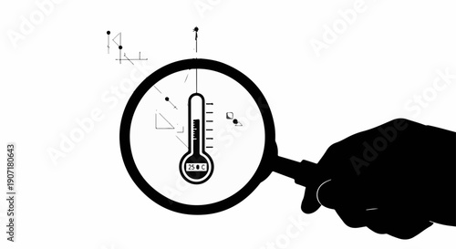 Magnifying glass examines a thermometer with data graphs, symbolizing analysis and measurement.