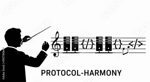 Conductor leading a symphony of computer servers and code, symbolizing technological harmony.