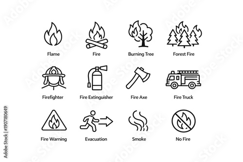 Fire safety icons: flames, extinguishers, smoke, and firefighter gear