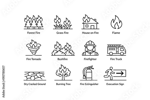 Fire safety icons: forest fire, firefighter, evacuation sign