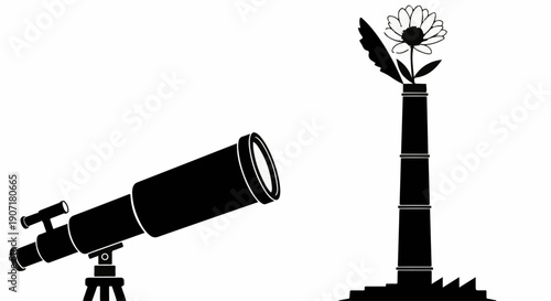 Telescope aimed at a blooming flower on a stylized plant, symbolizing discovery and growth