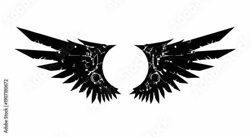 Striking black mechanical wings with a circular void in the center on a white background.