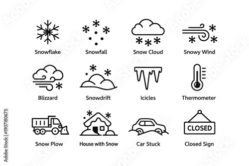 Snowy weather and winter icons: snowflake, blizzard, snow plow, icicles, closed sign