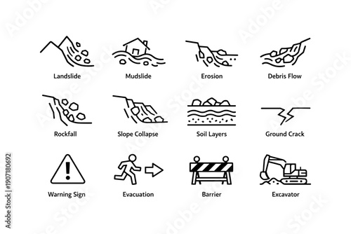 Natural disaster icons illustrating landslide, mudslide, erosion, and evacuation symbols