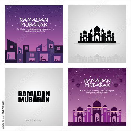 Set of Ramadan Mubarak Post, Mosque Icon & Typograph