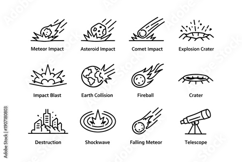 Meteor impact icons: comet, asteroid, earth collision, shockwave, telescope