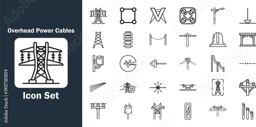 A comprehensive set of minimalist line icons featuring overhead power cables, electric transmission towers, transformers, and electrical utility infrastructure.
