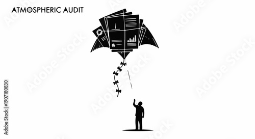 Person flying a kite made of data reports and charts, symbolizing an atmospheric audit.