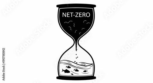 Hourglass with NET-ZERO text and marine life symbolizes urgent climate action and environmental balance.