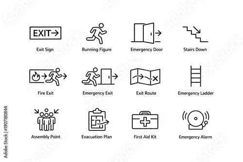 Emergency exit icons including sign, fire exit, evacuation plan, first aid kit, and alarm symbols