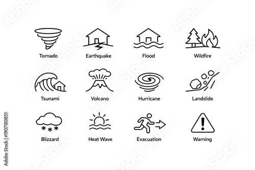 Disaster icons: tornado, earthquake, flood, wildfire, tsunami, volcano, hurricane, landslide, blizzard, heat wave, evacuation, warning