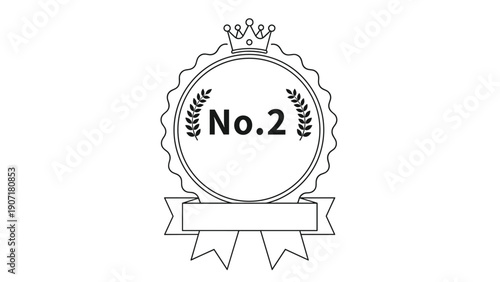 Minimalist black and white award emblem featuring number two with a crown and laurel wreath for second place recognition and ranking.
