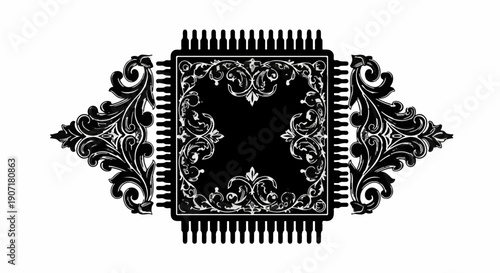 Intricate ornate design on a microchip concept, symbolizing advanced technology and classical art fusion.