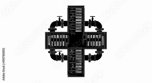 Industrial plumbing system with server racks, representing data flow and connectivity.