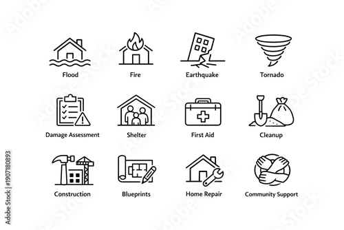 Disaster preparedness icons: flood, fire, earthquake, tornado, shelter, first aid