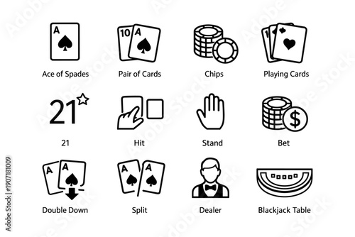Casino icons: playing cards, chips, dealer, blackjack table illustrations