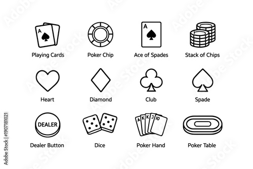 Poker icons set: playing cards, chips, suits, and dice
