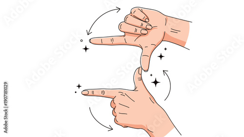 Human hands creating a square frame shape with fingers surrounded by magical sparkles and motion arrows to represent focus and perspective.