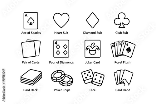 Black and white playing card symbols and casino elements collection