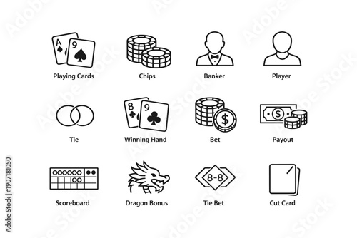 Casino game elements: playing cards, chips, banker, player icons