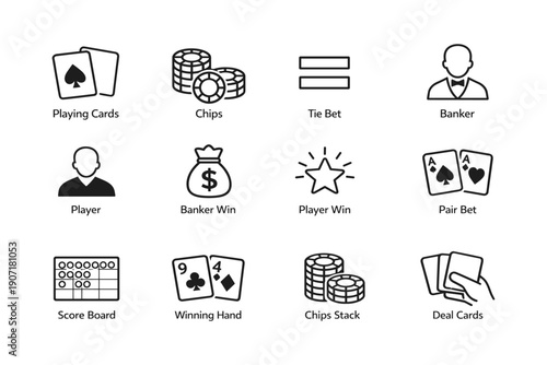 Casino icons collection: playing cards, chips, banker, player, and gambling elements