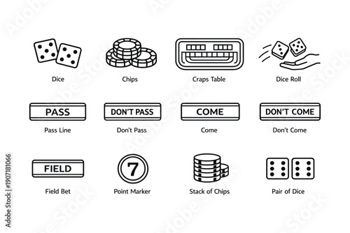 Casino game symbols collection: dice, chips, craps table, bet lines, point marker