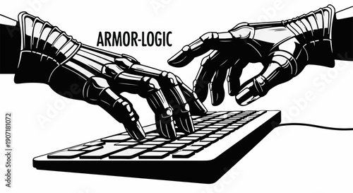 Futuristic armored hands typing on a keyboard, symbolizing advanced technology and digital innovation.