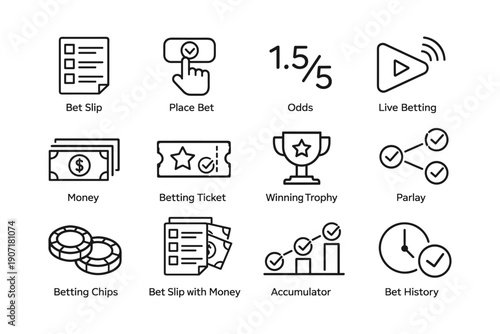 Betting icons: slip, place bet, odds, live betting, money
