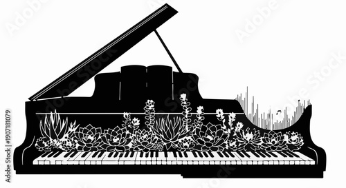 Grand piano blooming with lush plants and flowers, symbolizing harmony between music and nature.