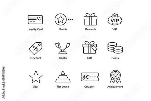 Loyalty and rewards icons: gift, trophy, discount, coins, achievement symbols
