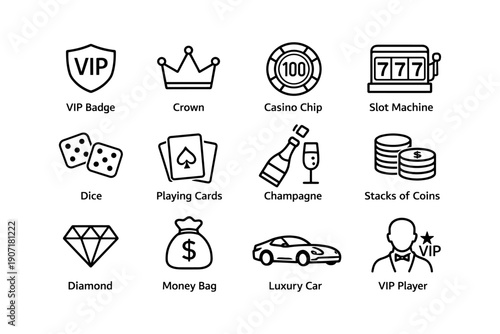 Casino icon set: vip elements, gaming symbols, luxury items, money, gambling