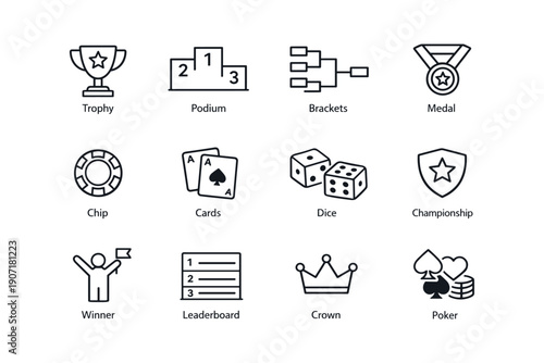 Gaming icons set: trophy, podium, brackets, medal, and more for competitions
