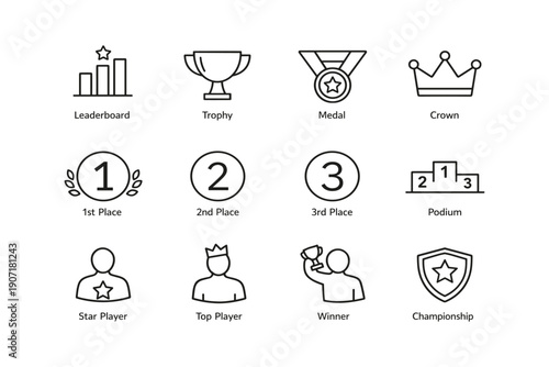 Achievement icons: trophy, medal, podium, star player, championship
