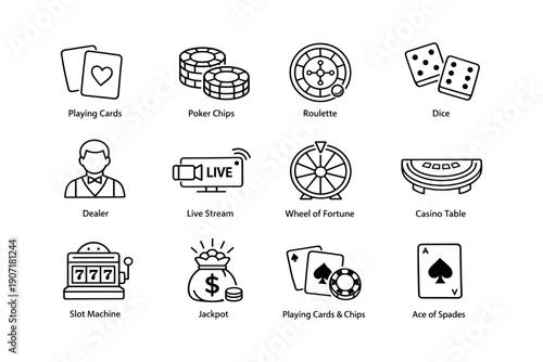 Casino icons: playing cards, poker chips, roulette, dice, slot machine, jackpot