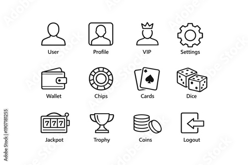 Set of casino icons: user, profile, vip, settings, wallet, chips, cards, dice, jackpot, trophy, coins, logout