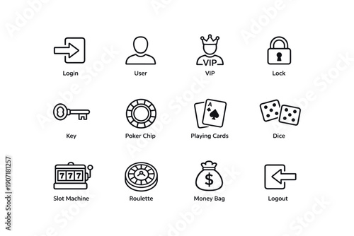 Collection of casino and security icons including login, vip, and poker