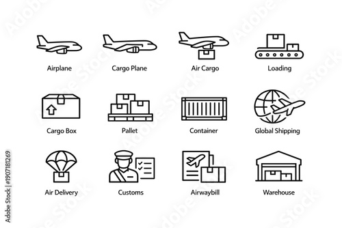 Air cargo and logistics icons set