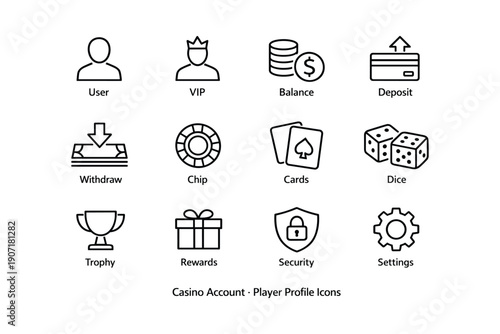 Casino account icons: user, vip, balance, deposit, withdraw, chip, cards, dice, trophy, rewards, security, settings