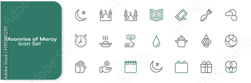 Collection of Moonrise of Mercy outline icons representing religious holidays prayer fasting charity and cultural observance for web design