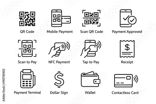 Mobile payment icons: qr code, nfc, tap to pay, receipt, wallet, contactless card