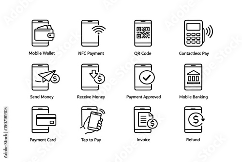 Set of digital payment icons: wallet, nfc, qr code, contactless pay, money transfer