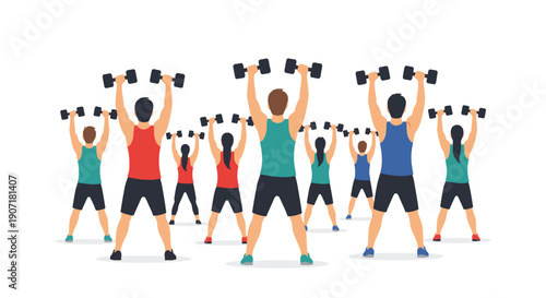 Multiple individuals, primarily men, in athletic wear performing an overhead dumbbell press exercise in unison inside a bright training area.