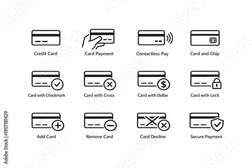 Credit card icon set: payment, security, contactless, chip, checkmark, decline