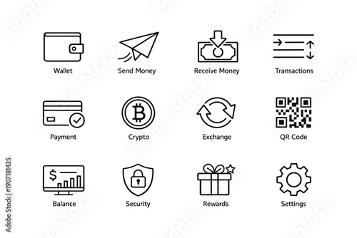Minimalist financial icon set featuring wallet, crypto, payment, and security