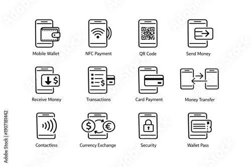 Mobile payment icons: wallet, qr, nfc, transactions, security