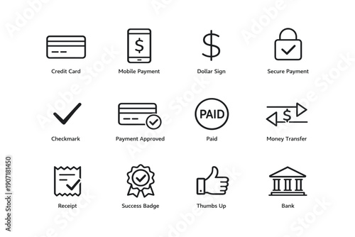 Financial symbols: payment methods, security, transactions, currency icons